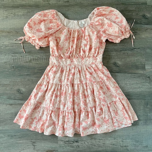 Rachel Parcell Pink Poppy Puff Sleeve Tiered Dress Large Floral Wedding Prairie - Picture 2 of 6